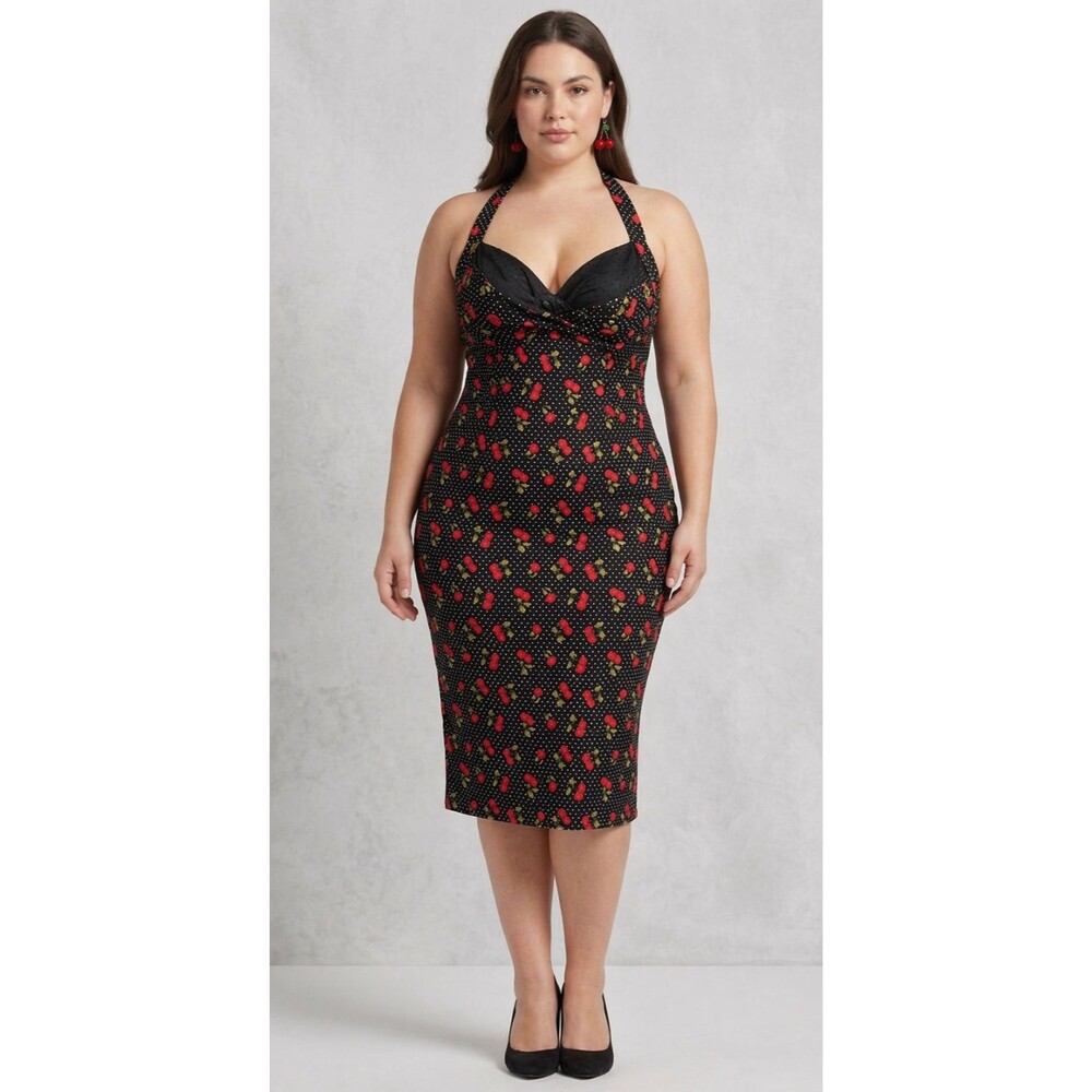 Stop Staring Dress Womens XL Wiggle Midi Retro Pinup Black Cherry Halter NEW - Picture 1 of 15